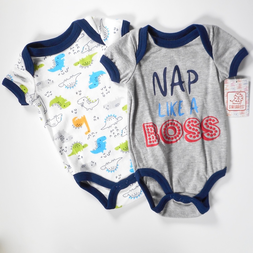 2 Swiggles 3-6 Mo Baby NWT Rompers Dinosaurs Boss White Navy Blue Infant